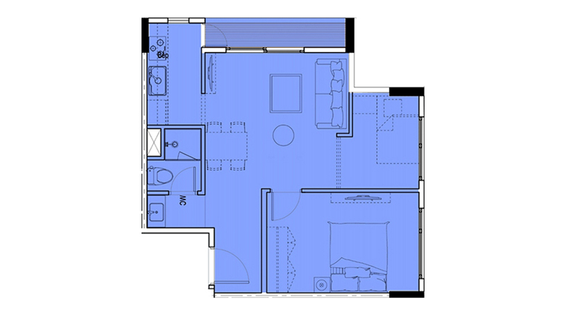 Diện tích: 45 m2
Số phòng: 2 P. Ngủ, 1 KGĐN, 1 WC