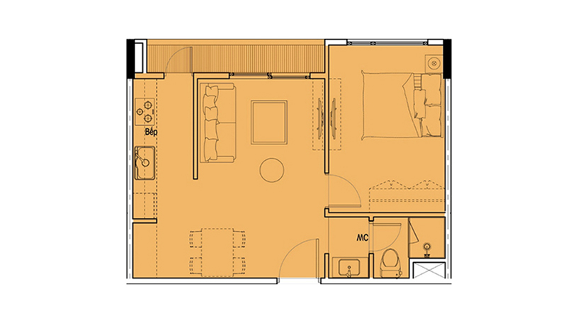 Diện tích: 44,5 – 45 m2
Số phòng: 1 P. Ngủ, 1 WC