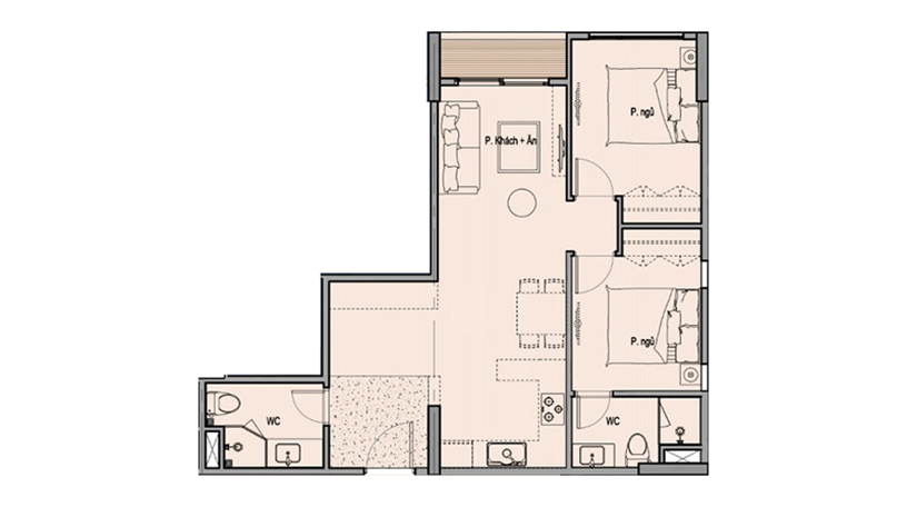 Diện tích: 65 – 72 m2
Số phòng: 2 P. Ngủ, 2 WC