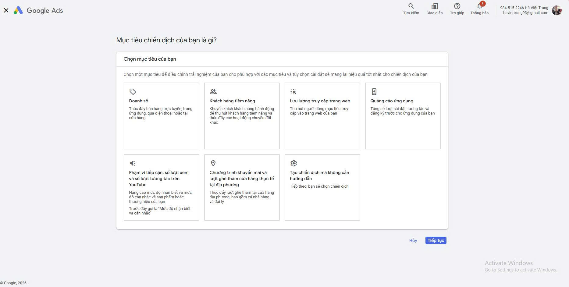 Xác định mục tiêu kinh doanh và thiết lập ngân sách Google Ads Giao diện xác định mục tiêu kinh doanh trong cách setup chiến dịch google ads